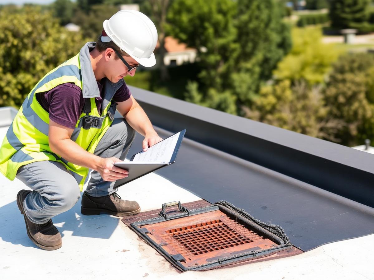 Roofing technician inspecting a rooftop during maintenance (placeholder photo)