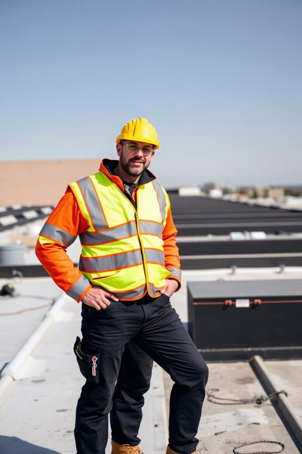 Roofing crew member in high-visibility safety gear (placeholder photo)