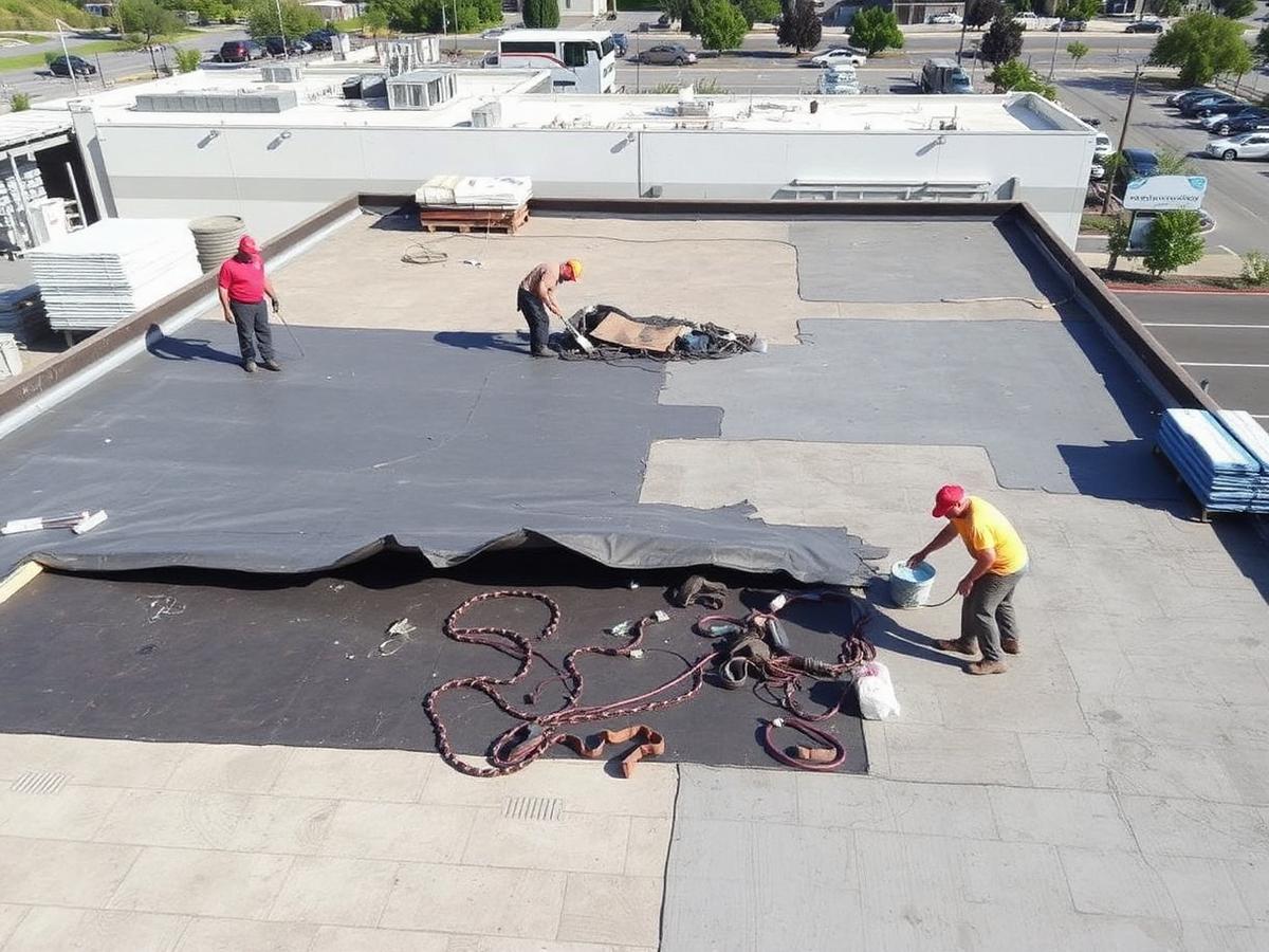Commercial roof tear-off and re-roofing in progress (placeholder photo)