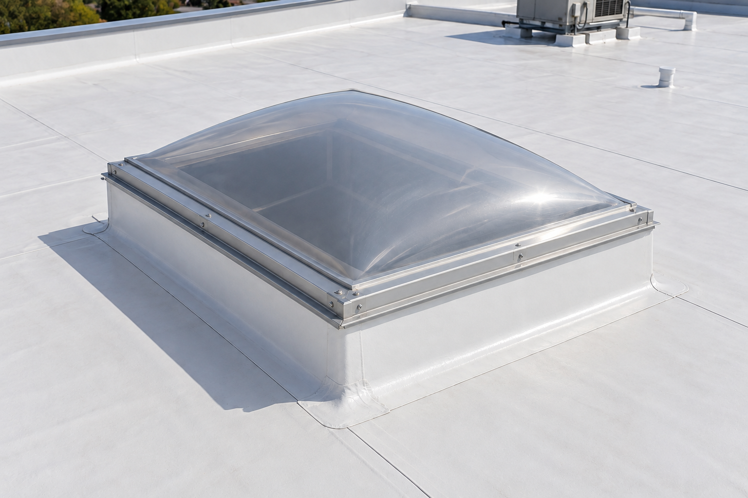 Illustrative view of a curb-mounted skylight on a white TPO commercial roof.