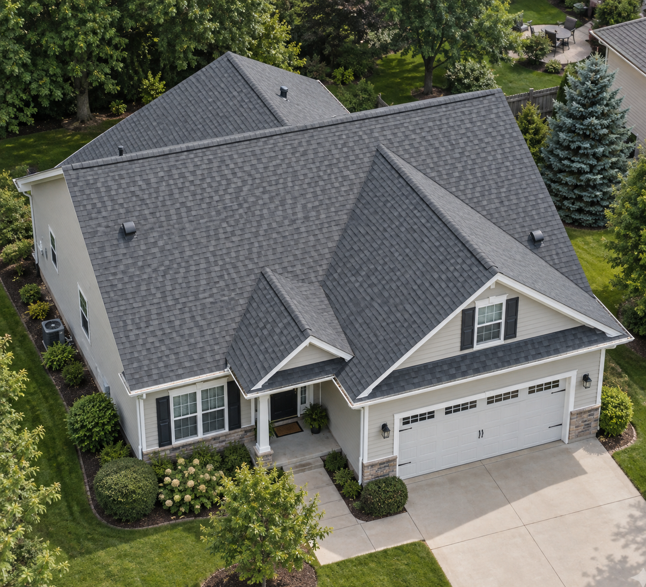 Illustrative aerial view of a home with a finished gray architectural shingle roof.