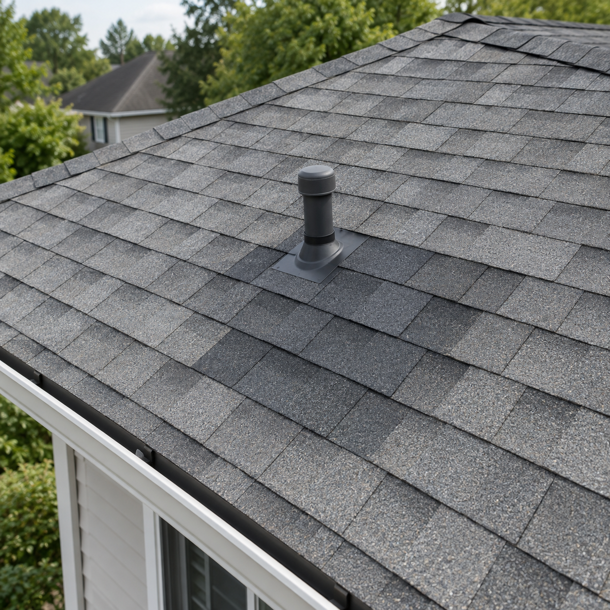 Illustrative close view of a residential shingle roof repair: darker replacement shingles installed around a roof vent and its flashing.