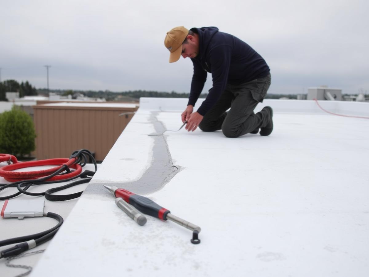 Roofer repairing a leak on a flat roof (placeholder photo)