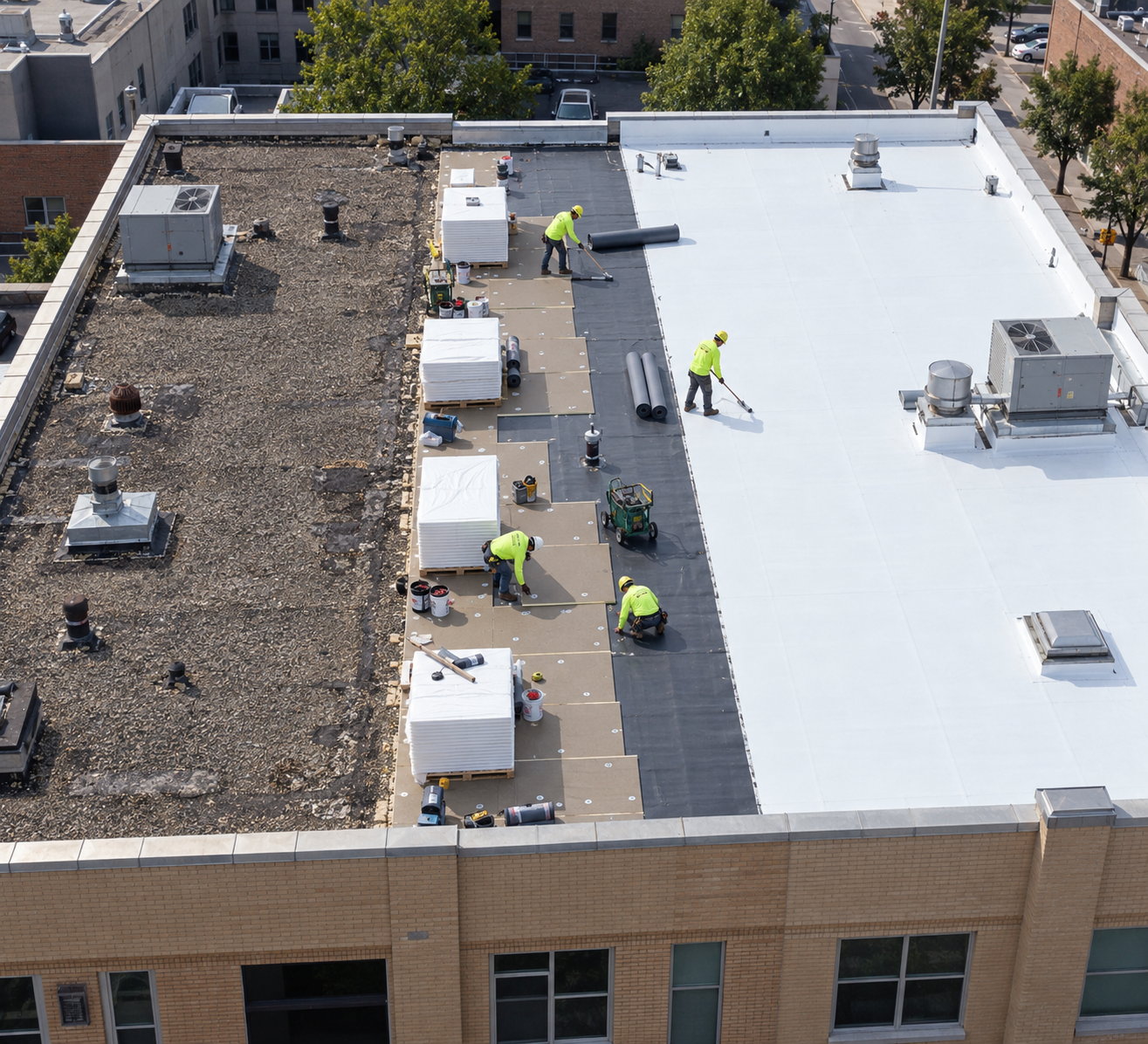 Illustrative aerial view of a commercial roof replacement: old gravel roofing on one side, a crew replacing the middle section, and finished white membrane on the other.