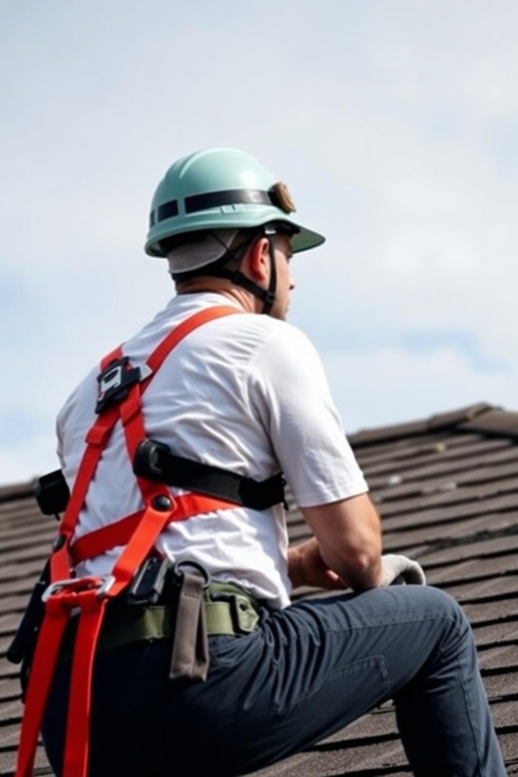 Roofer wearing a hard hat and safety gear on a roof (placeholder photo)