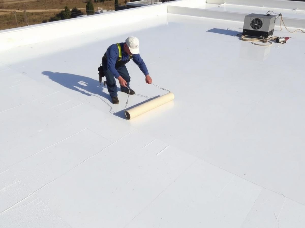 Worker applying white restorative roof coating (placeholder photo)